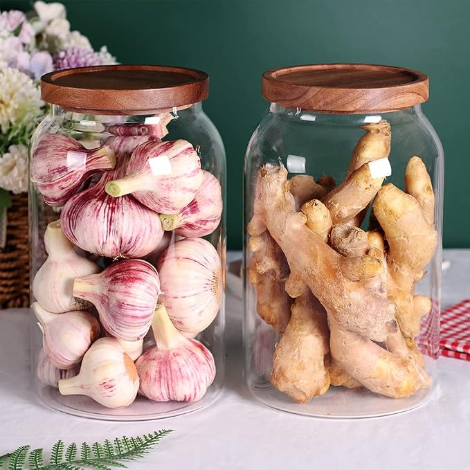 SAIOOL 1 Gallon Glass Jar with Wooden Acacia Airtight Lid, Set of 2