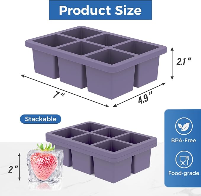 mossime Silicone Ice Cube Tray: 2pack Square Whiskey Large Ice Cube Molds - Old Fashioned Ice Cube Trays with Lid - 2inch Easy Release Big Freezer Mold for Cocktail Food Soup & Juice