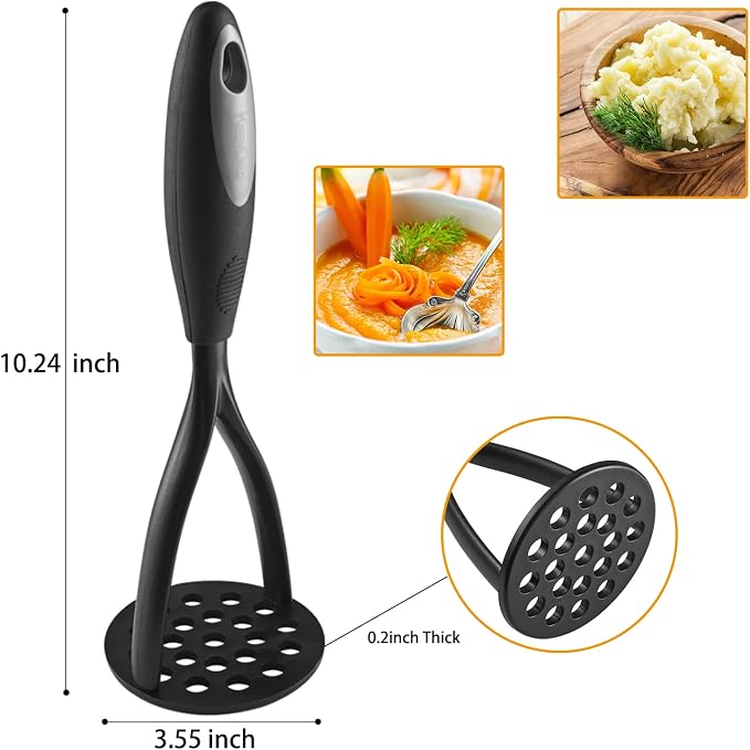 KSENDALO 2 Pack Potato Masher, Bean Smasher for Kitchen, Black | Nonstick Food Masher, 0,2inch Thick Nylon 3.5inch Diameter Round Blade, Rubber Wrapped Comfortable Handle, Hand Wash