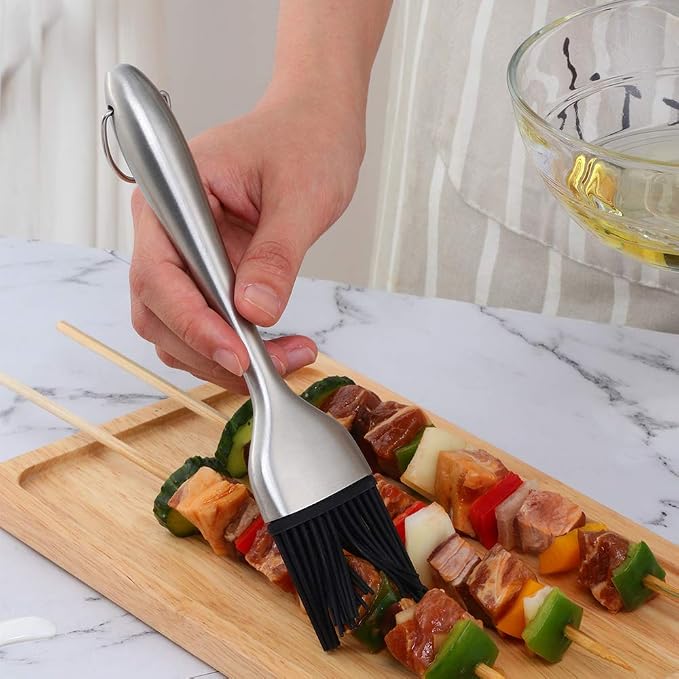 2 Pack Grill Basting Brush with 2 Pack Back Up Silicone Brush Heads, No Shed Bristles Stainless Steel Handles Heatproof Rust Resistant, Pastry Brushes for Kitchen Cooking BBQ (Silver)