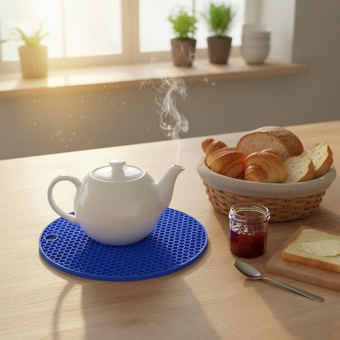 6-Pack Silicone Trivet Mats, Heat Resistant Hot Pads, Dishwasher Safe Kitchen Mats, BPA-Free Pot Holders for Table, Countertop, Stove, Honeycomb Design (Dark Blue, 7“ Round)