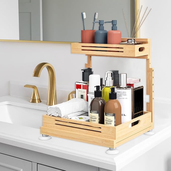 Banlilu Under Sink Organizer, Pull Out Cabinet Organizer, 2 Tier Slide Out Sink Shelf Cabinet Storage Shelves, Storage for Kitchen Bathroom, Natural Premium Bamboo Wood