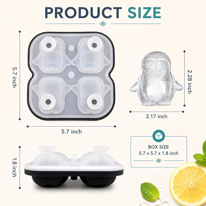Penguin Ice Cube Tray Mold - Cute Fun Whiskey Ice Molds Gifts for Women Men | 3D Penguin Shape Cute Ice Molds for Whiskey Bourbon, 4-Hole Large Fun Shapes Funny Gifts, for Animals Lovers Women Men