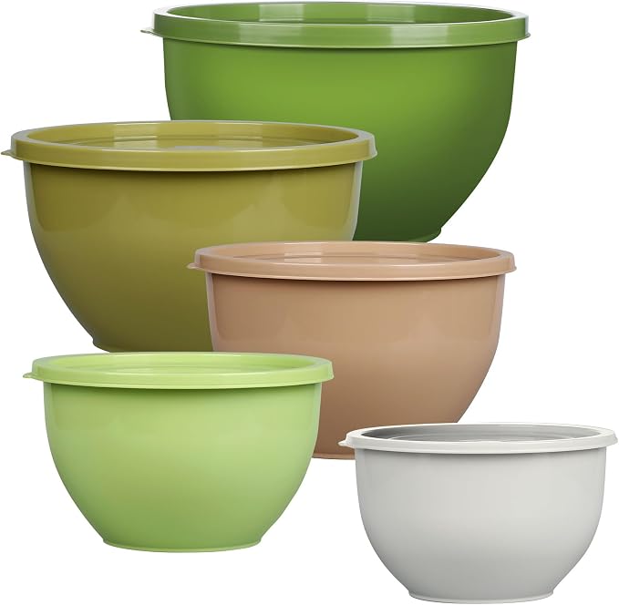 Greentainer Plastic Mixing Bowls with Lids Set for Kitchen, 5 Set Nesting Bowls for Mixing, Baking, Prepping, Cooking and Serving Food, Mixing Bowls Dishwasher, Microwave Safe