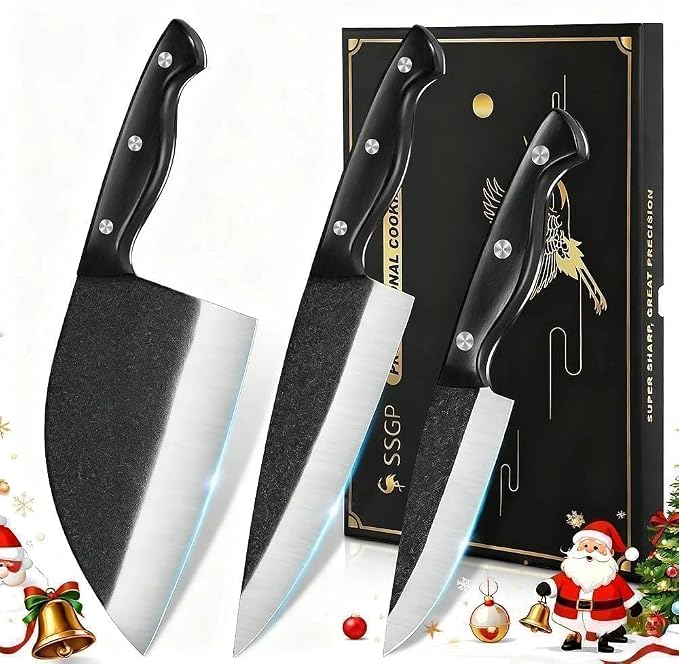 SSGP Butcher Knife Set of 3- Japanese Knife Set for Meat Cutting, Hand Forged Viking Knives Sets with Meat Cleaver, Heavy-Duty Kitchen Knives Sets for Bone BBQ Vegetable, Cooking Gifts for Men Dad