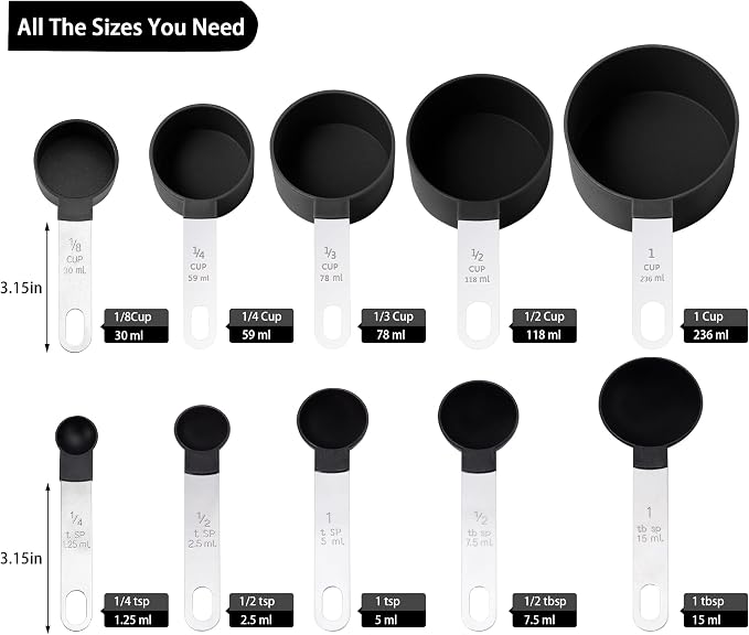 Measuring Cups and Spoons Set of Huygens Kitchen Gadgets 10 Pieces, Stackable Stainless Steel Handle Measuring Cups for Measuring Dry and Liquid Ingredient (Black)
