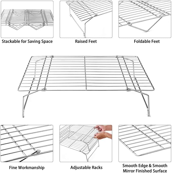 TeamFar Cooling Rack, 3 Tier 15" × 10" Stainless Steel Baking Roasting Rack for Cookies Cake Pies Bread, Collapsible & Foldable, Healthy & Non Toxic, Oven & Dishwasher Safe