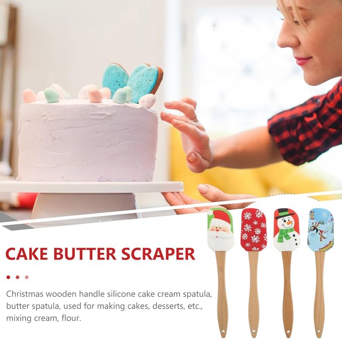 Christmas Spatula Set, 4 Pieces Kitchen Christmas Silicone Spatula Set with Wooden Handle for Baking Cooking and Christmas (Assorted Color)