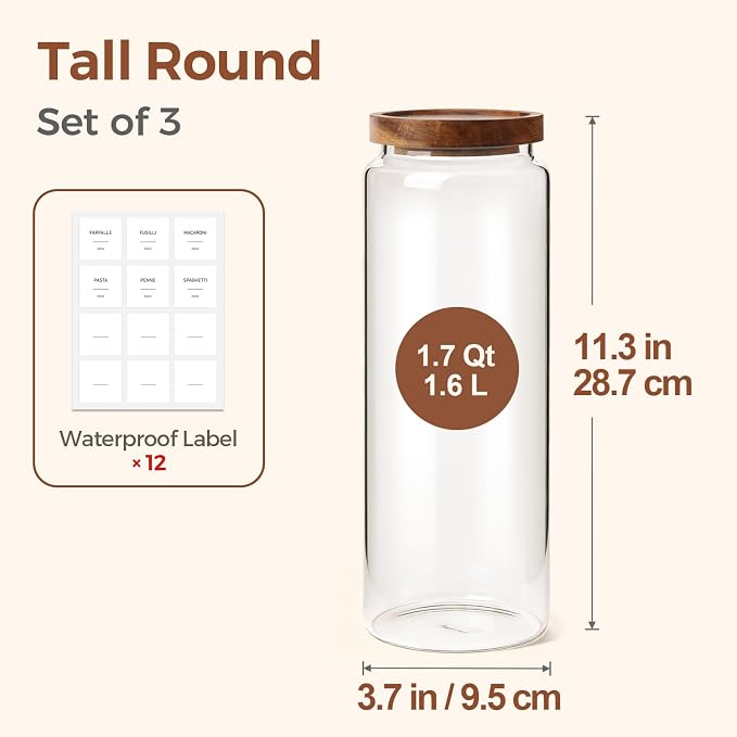 ComSaf Glass Pasta Storage Containers with Acacia Wood Lids 1.7Qt 3Pack | 11.3in Tall jar, for Cooks, Spaghetti Pasta Oats Cereal Beans, Kitchen Pantry Cabinet, Long Canisters with Labels, Durable