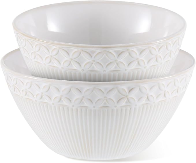 Ceramic Mixing Bowls Set, 2 Pcs Large Salad Serving Bowl, Vintage Nesting Mixing Bowls with Embossed Surface for Cooking, Baking & Prepping, Microwave and Dishwasher Safe