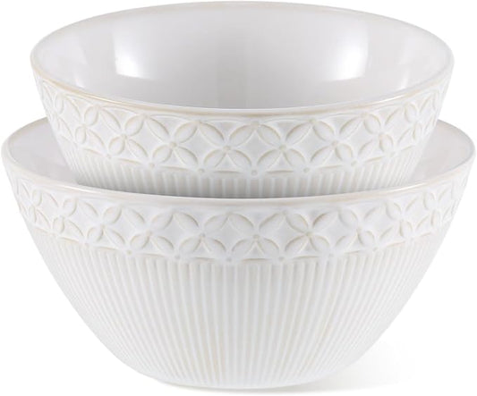 Ceramic Mixing Bowls Set, 2 Pcs Large Salad Serving Bowl, Vintage Nesting Mixing Bowls with Embossed Surface for Cooking, Baking & Prepping, Microwave and Dishwasher Safe