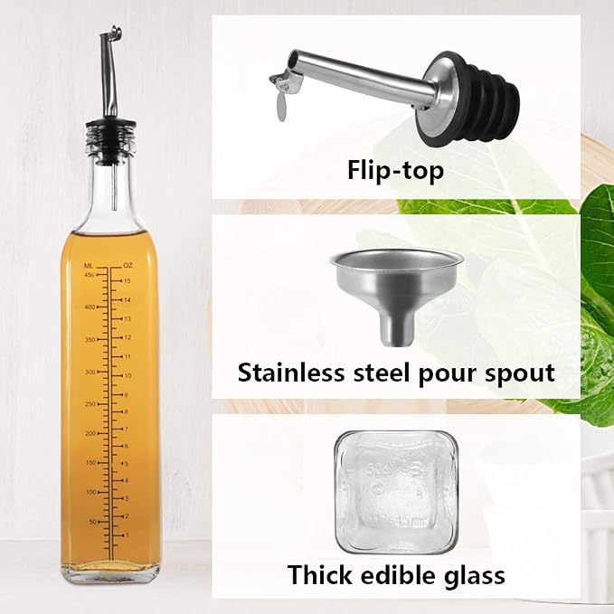 WERTIOO Oil Bottles for Kitchen 4 Pack, 17oz Glass Bottles With Scale | Olive Oil Dispenser Bottle, Glass Oil Dispenser for Kitchen, with 6 Plastic Pourer, 2 Stainless Steel Funnel, Pen and Label