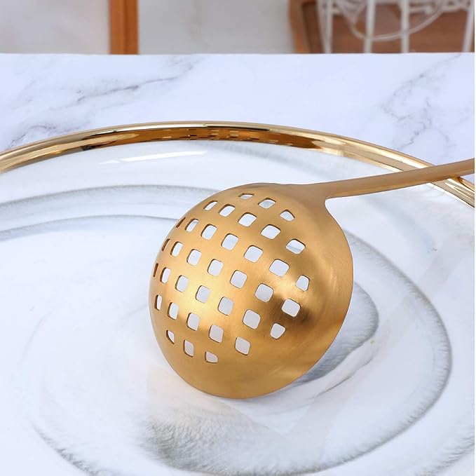 2 Pieces Gold Metal Soup Ladle Colander Set, Long Handle Stainless Steel Kitchenware Cookware Serving Spoon Cooking Utensil for Hotpot