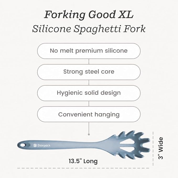 Starpack XL Premium Silicone Pasta Fork (13.5") - Spaghetti Spoons High Heat Resistant to 600°F - Silicone Pasta Spoon Strainer - Server Spoon with Teeth - Server Utensil for Pastas