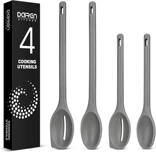 Silicone Cooking Spoons Set, Heat Resistant Kitchen Utensils, Non-Stick BPA Free Solid & Slotted Spoons for Mixing, Scooping, Draining, Serving, Basting (4 Pack) (GREY)