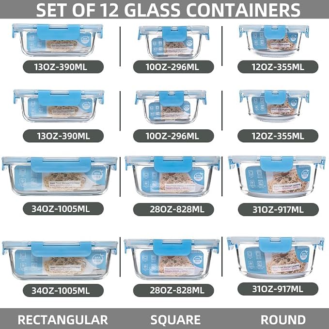 12 Pack Glass Storage Containers Transparent, Stackable Design Meal Prep Containers for Food Storage, Home, Kitchen & Pantry Organization, Microwave/Freezer/Dishwasher Safe