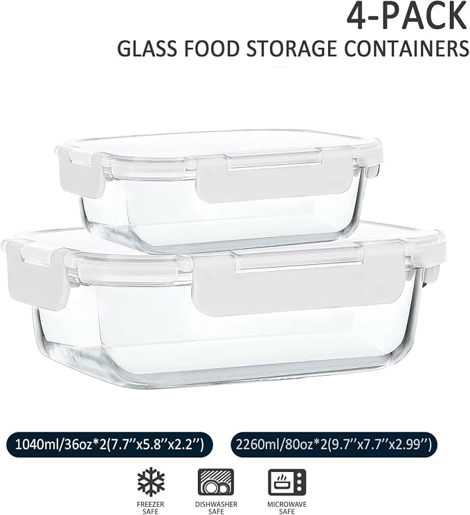 M MCIRCO 80 oz & 36 oz Extra Large Glass Food Storage Containers with Lids | Meal Prep Containers, 2 Pack 80 oz(10 cup) &2 Pack 36 oz (4.5 cup) Baking Containers, White