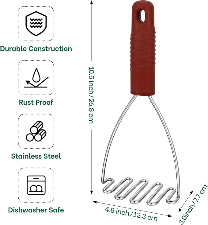 Beneno Thickened Reinforced Stainless Steel Wire Potato Masher, Ergonomic Non-Slip Grip Handle for Effortless Mashing, Rust-Proof & Dishwasher Safe Sturdy Kitchen Tool, Ideal Gift, Red