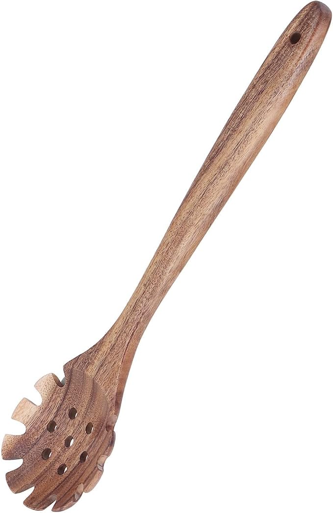 Spaghetti Spoon, Wood Pasta Server Wooden Pasta Spoon with Teeth 12.6inch Strainer Noodle Fork for Home Kitchen Cooking