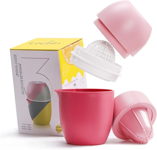 Lechin Hand Juicer, Lemon Squeezer, Two Squeezing Options, Pink | Unique lemon shape, for various fruits, dishwasher-safe, with strainer and container, 480 ml