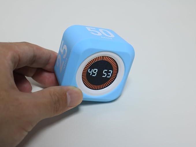 Rotating Pomodoro Cube Visual Timer 5, 25, 10 50 Minutes Preset, Rechargeable Desk Productivity Flip Timer w/Silicone Cover Custom Countdown, Silent Mode for ADHD, Study, Work, School(Blue)