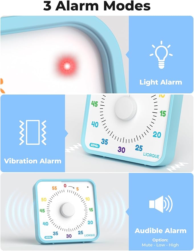 LIORQUE 60 Minute Visual Timer for Kids and Adults, Non-Ticking 7.5 Inch Large Visual Countdown Timers for Classroom Desk Countdown Clock with Magnetic Backing, Kids Pomodoro Timer Clock