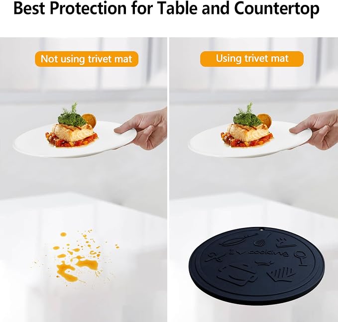 Silicone Trivet Mats - 3 Heat Resistant Pot Holders, Non-Slip Hot Pads for Kitchen, Food Grade Silicone, BPA Free, Easy to Wash (Black)