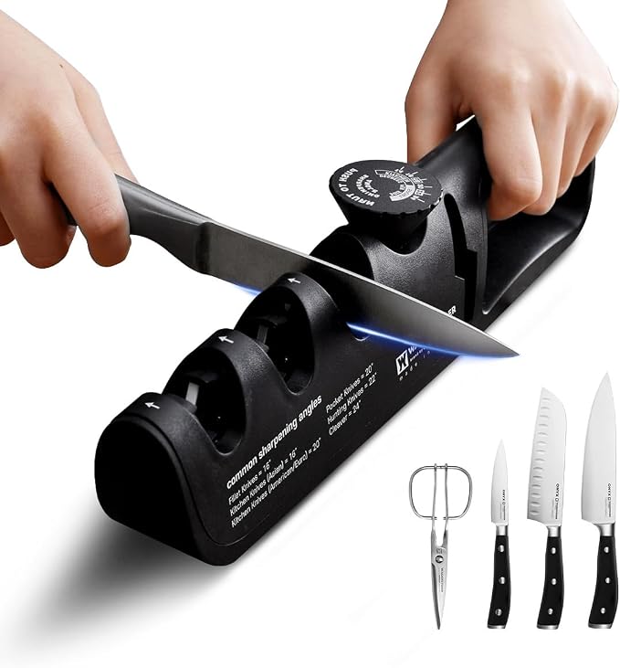 Wagensteiger Handheld Knife & Scissors Sharpener with Adjustable Sharpening Angle Controller, Sharpens Kitchen Knives & Pocket Knife, Non-Slip Bottom Pad (Tungsten + Emery + Ceramic + Scissors Slot)