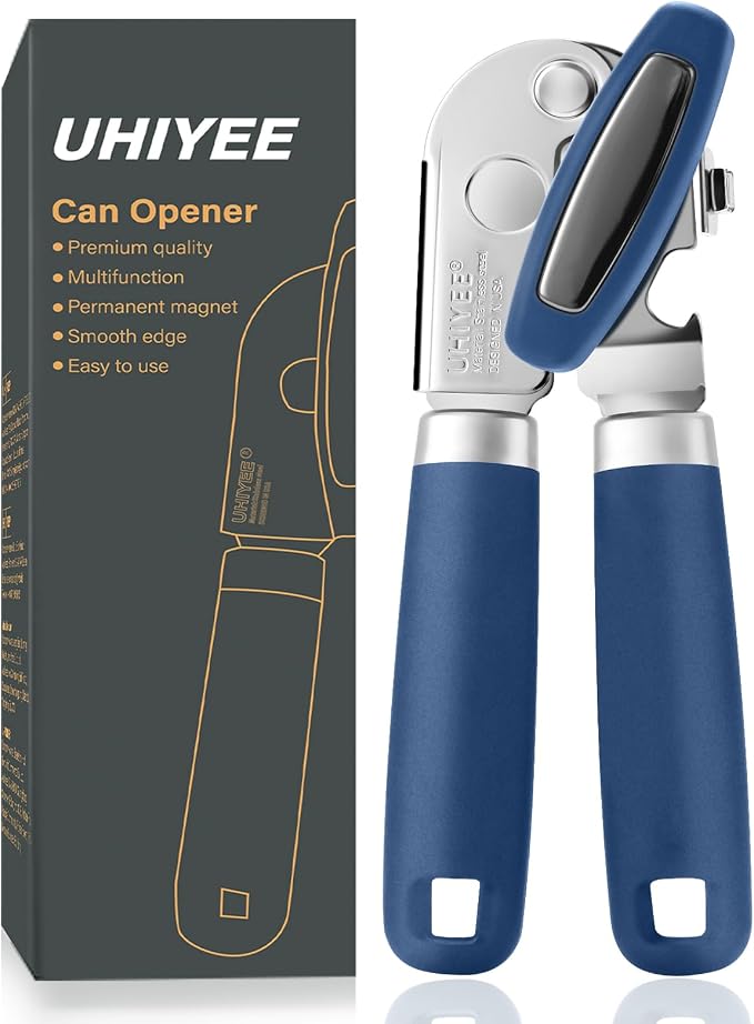 UHIYEE Classic Manual Can Opener for Home Kitchen, Durable 420J2 Stainless Steel Handheld Opener with Magnetic Lid Lifter & Easy-Turn Oversized Knob for Arthritis, Blue