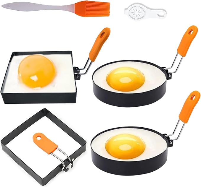 4 Pack Stainless Steel Square Egg Mold & Round Omelet Ring - 4 Inch Large, Non-stick, Silicone Insulated Handle, Includes Oil Brush & Egg Separator