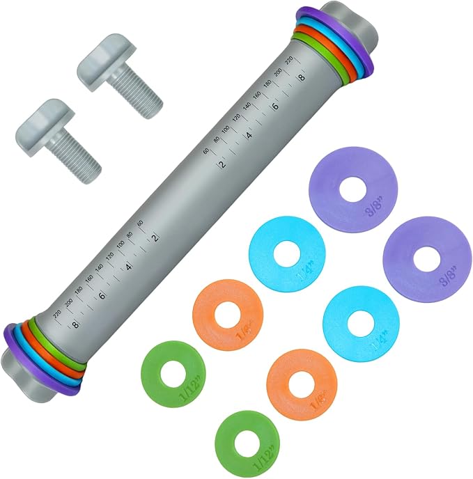 Silicone 9-Inch Adjustable Rolling Pin with 4 Thickness Rings, for Baking,Pizza, Cookie,Pastry, Pie,Baking Supplies for Cookie Fondant Pizza Cake Pasta（Gray）