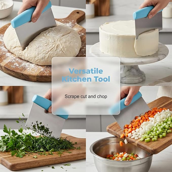 Stainless Steel Dough Scraper & Chopper with Measurement Marks, Multi-Purpose Pastry Cutter for Pizza Bread Cookie Dough, Heavy Duty Scraper with Non-Slip Handle (Pink)