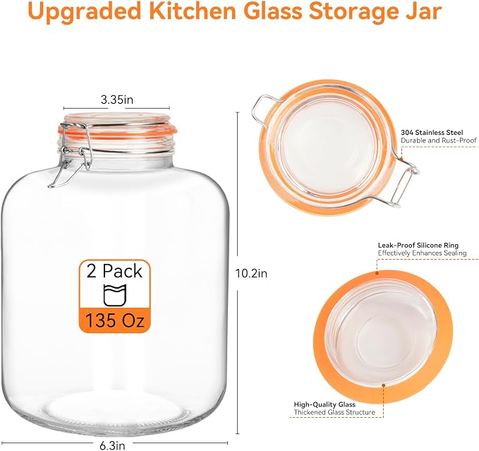 Glass Storage Jars with Airtight Lids - 2 Pack 135 Oz Food Containers Large Wide Mouth Kitchen Pantry Canisters Mason Jar for Flour Sugar Coffee Cookies Cereal Rice