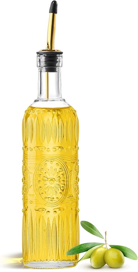 1 Pcs Olive Oil Dispenser Bottle for Kitchen,17oz Clear Glass Cooking Oil and Vinegar Dispenser Set, Coffee Syrup Dispenser with 1 Pourers and 1 Funnel (One circle)