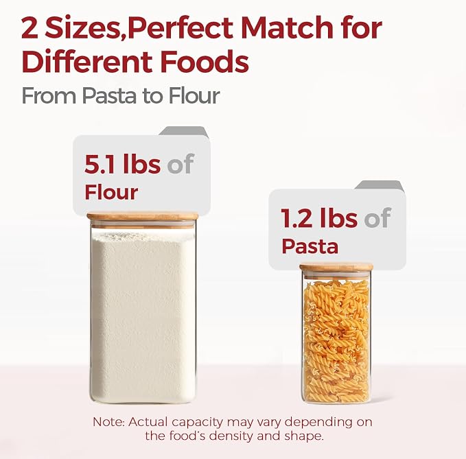 Glass Flour Containers with Bamboo Lids 1.6/4.6 Qt 2 Pack | Wide Mouth, Scoop Included, Kitchen Organizer，Flour Sugar Coffee Beans Pasta Cereal Dry Food Storage