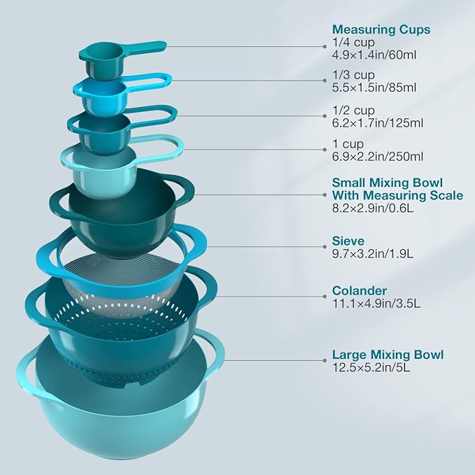 Pantula Mixing Bowls-Plastic Nesting Set of 8, Rv Camper Accessories | Kitchen Gadgets for Apartments Space Saving, Including Measuring Cups Sifter Colander, Easy Storage Cooking Baking, No BPA