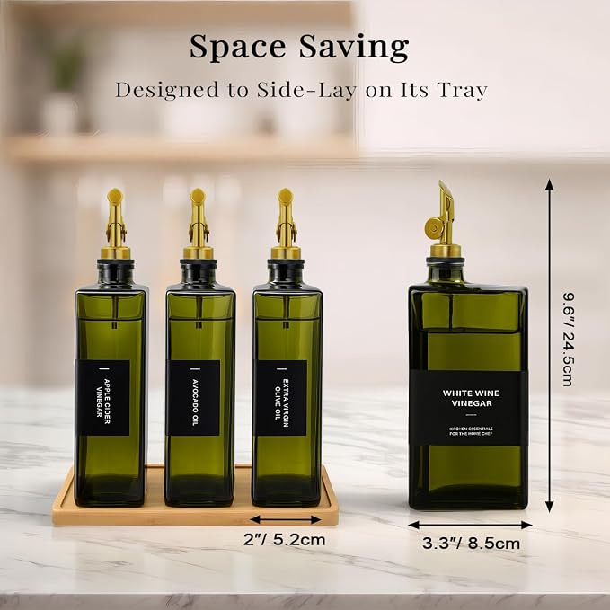 Olive Oil Dispenser Bottle for Kitchen with Bamboo Tray- Glass Oil and Vinegar Dispenser Set 16.9oz, Soy Sauce & Syrup Bottle, Modern Hostess Gift (Green, 16.9oz, Set of 3)
