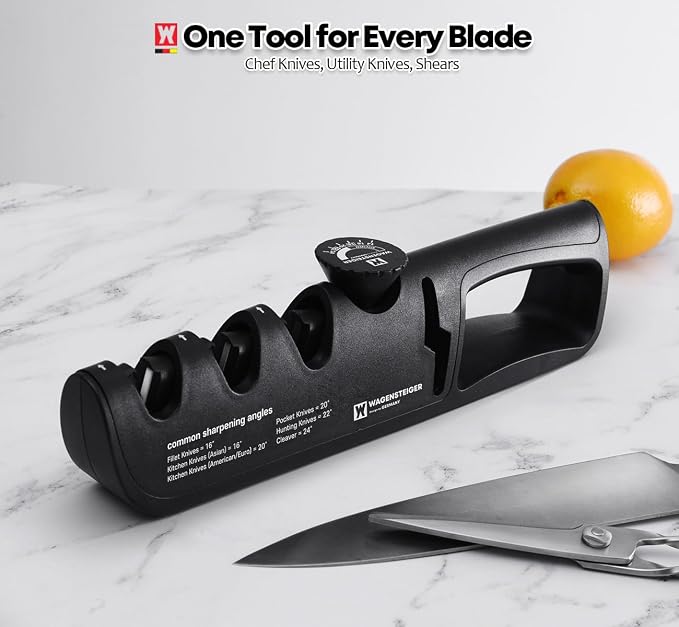 Wagensteiger Handheld Knife & Scissors Sharpener with Adjustable Sharpening Angle Controller, Sharpens Kitchen Knives & Pocket Knife, Non-Slip Bottom Pad (Tungsten + Emery + Ceramic + Scissors Slot)