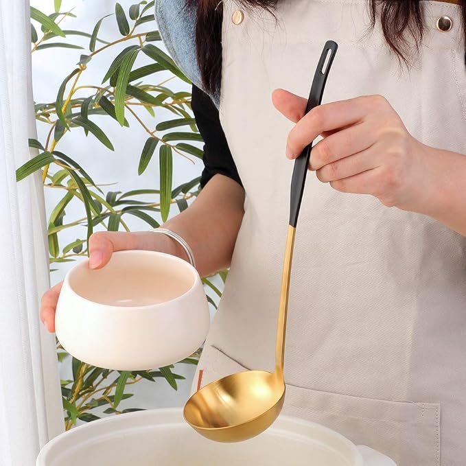 Buyer Star 2 Pcs Soup Ladle Spoons,Gold Black Cookware Serving Long Handle Steel Slotted Spoon Cooking Utensil Set for Hotpot
