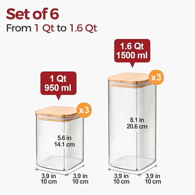 Glass Pantry Storage Containers with Lids 1/1.6 Qt 6 Pack Square | Pantry Organization, Stackable Design, Flour Sugar Coffee Beans Pasta Cereal Dry Food Storage,Kitchen Cabinet Organizer