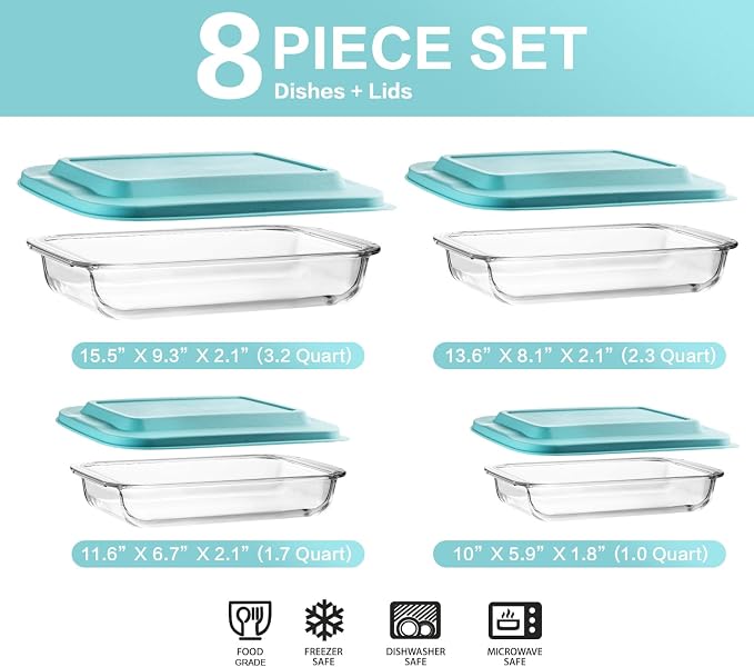 M MCIRCO 8 Piece Deep Glass Baking Dish with Lids, BPA free, Green | Rectangular Glass Bakeware Set, Baking Pans for Lasagna, Casserole Dishes, Microwave, Oven, Freezer, Dishwasher