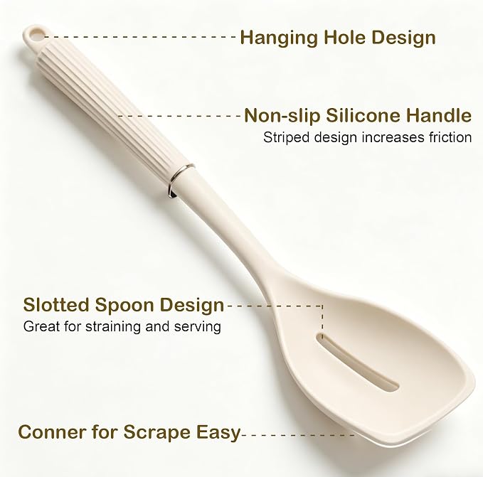 2 Pack Silicone Cooking Spoon Spatulas, 13Inch Non Stick Large Rubber Solid Slotted Spoon Set for Mixing, Draining, Scraping, Heat Resistant Kitchen Utensils, White