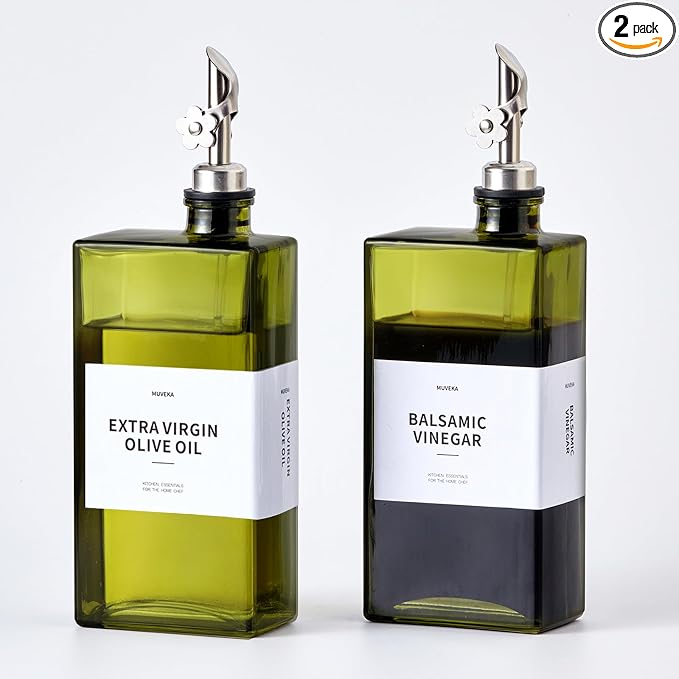 Olive Oil Dispenser Bottle for Kitchen, 16.9oz /500ml Cooking Vinegar Dispenser Bottle Set, Glass Sauce Container, Labels, Brush, Funnel, Stoppers, Green for Oil, Wine