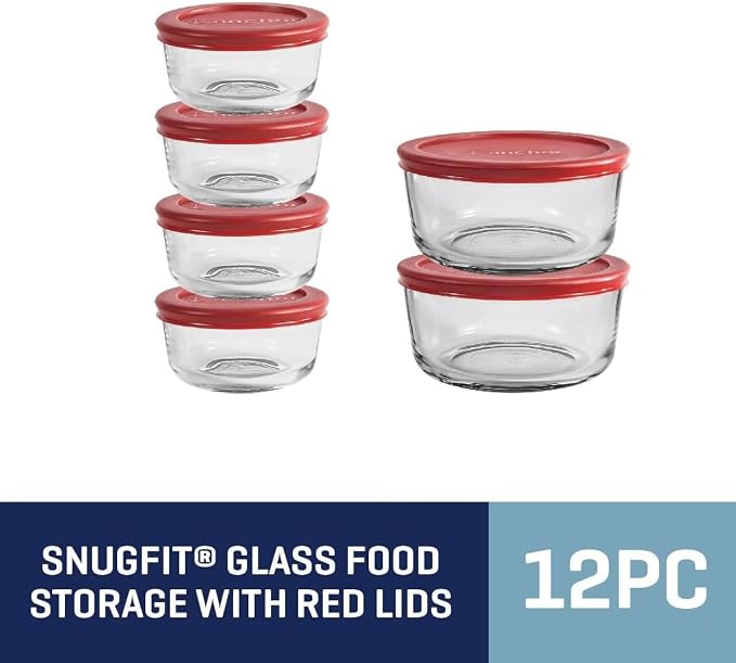 Anchor Hocking 12 Piece Glass Storage Containers with Lids (6 Glass Food Storage Containers & 6 Red SnugFit Lids)