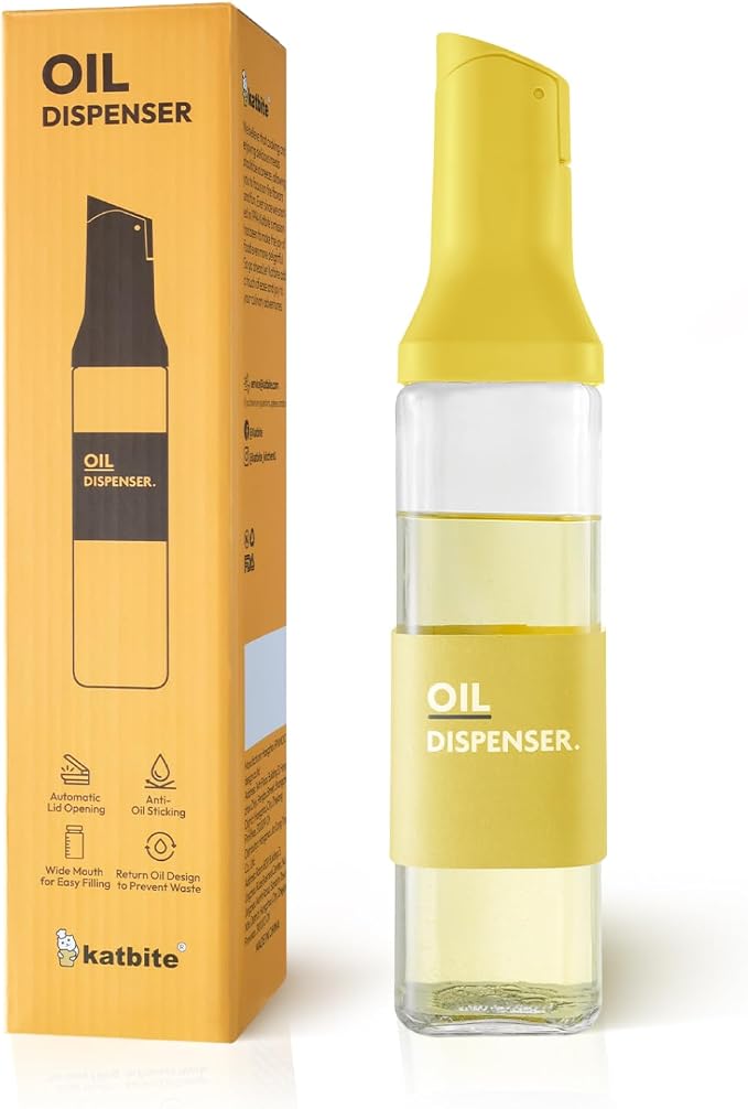 katbite 16oz Glass Olive Oil Dispenser Bottle for Kitchen Cooking - Leakproof Kitchen Essential with Precise Pouring Spout for Salad, Air Fryer, BBQ, Non-Stick Pans, Easy Refill and Use, Yellow