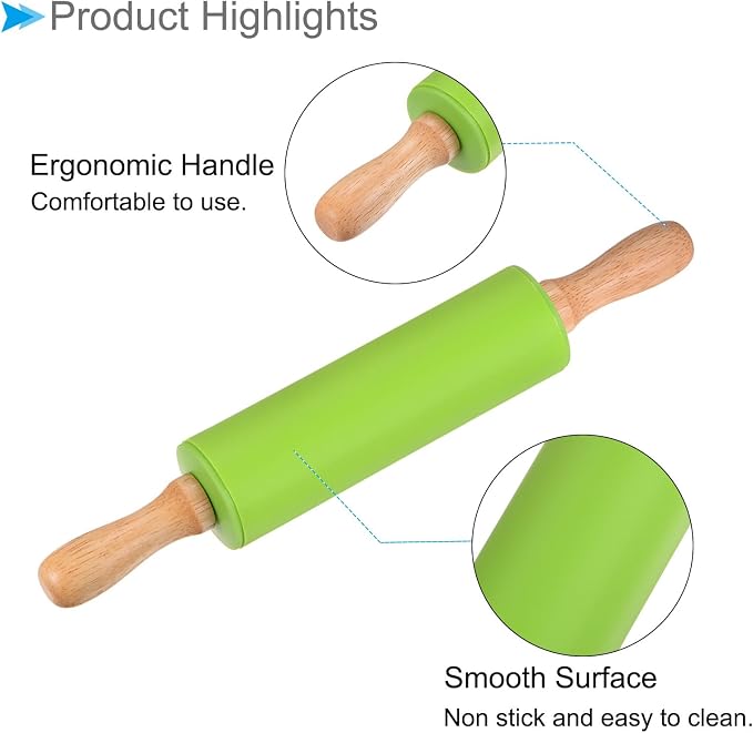 Silicone Rolling Pins, 12.2" Length, Silicone & Oak Non-Stick Ergonomic Wooden Handle Fondant Dough Roller Green - (Applications: for Baking DIY Projects)