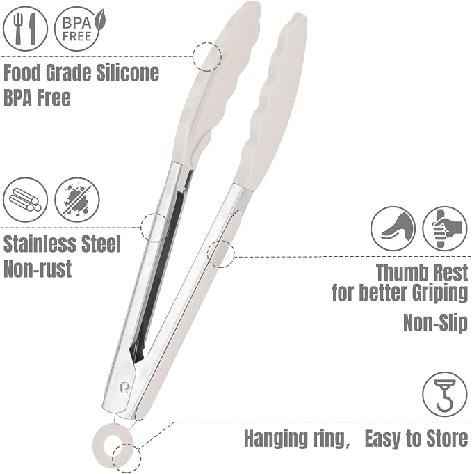 Hotec 7-Inch Mini Silicone Kitchen Tongs, Heat Resistant Non-Stick Small Serving Tongs with Silicone Tips, Food Safe Cooking Tongs Set of 3 (Black, Grey, White)