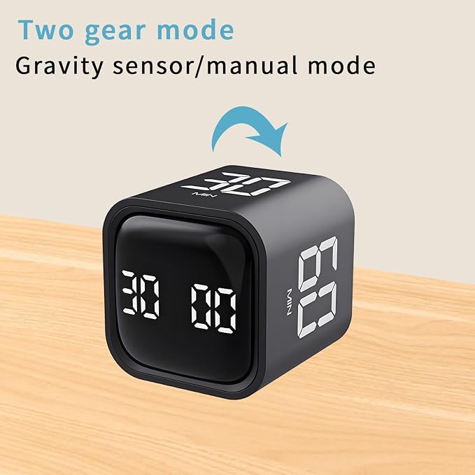 Qumox Pomodoro Timer, Cube Productivity Timer with Adjustable Sound and Vibration Alert, Ideal for Work, Office, ADHD, Study, and Tasks - 5/10/30/60 Minutes & Custom Countdown - Black