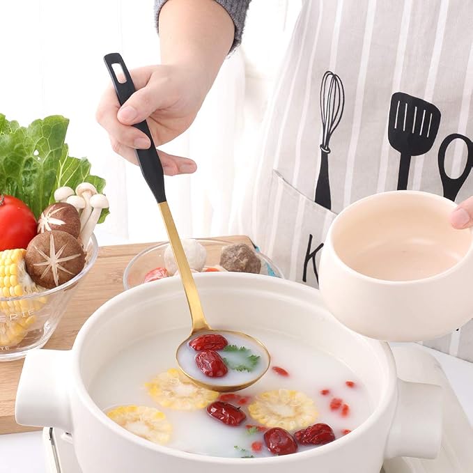 Buyer Star 2 Pcs Soup Ladle Spoons,Gold Black Cookware Serving Long Handle Steel Slotted Spoon Cooking Utensil Set for Hotpot