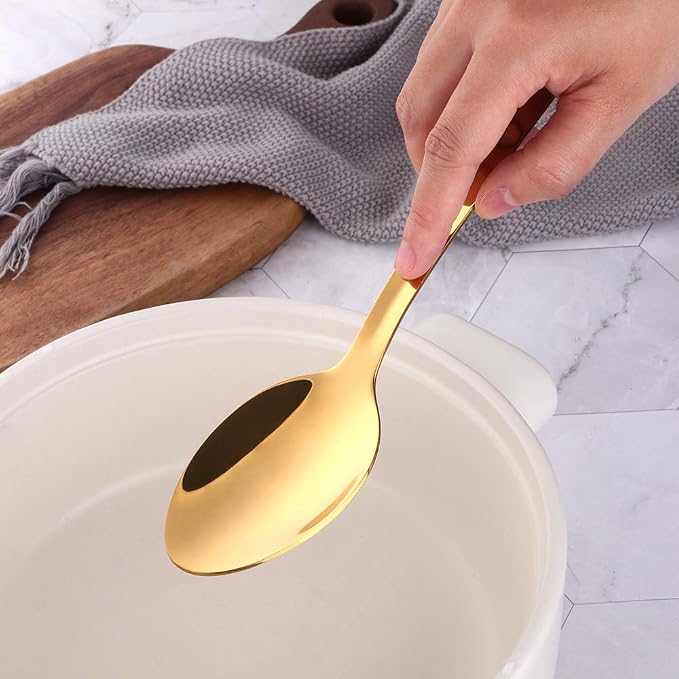 6 Pcs Gold Small Serving Spoon, Stainless Steel Titanium Plated Serving Spoons Set Mirror Finish for Elegant Buffet Banquet Party Holiday Dinner serving, Dishwasher Safe(9.7 inches/24.6cm)